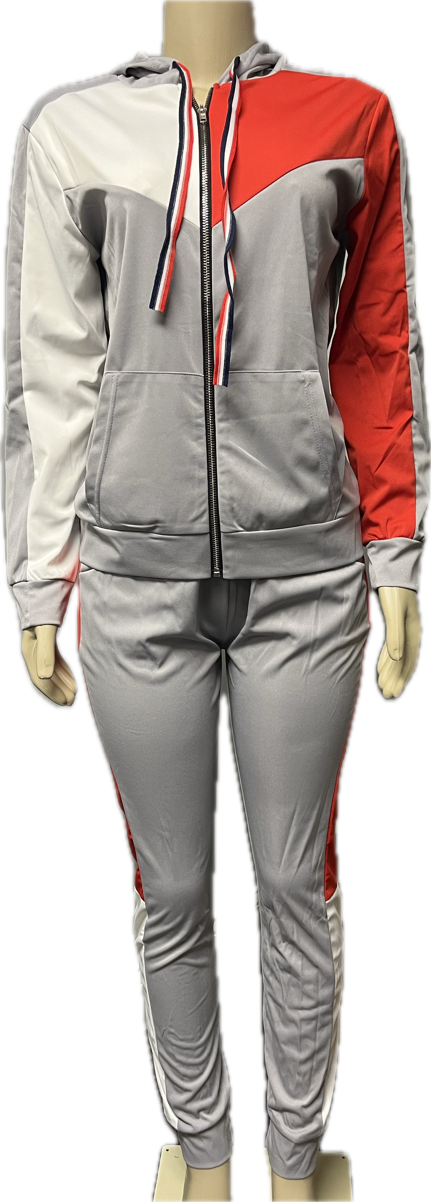 Grey Red & White Hooded Two Piece Outfit